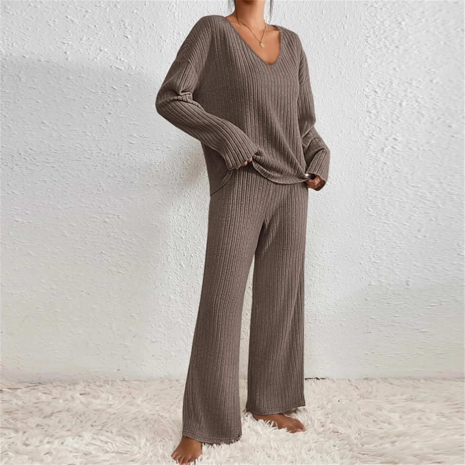 Lastesso Womens Soft Loungewear Set Casual Size V Neck Sweatshirt Comfy Yoga Pajama Sets Wid Leg Pants Cozy 2 Piece Set
