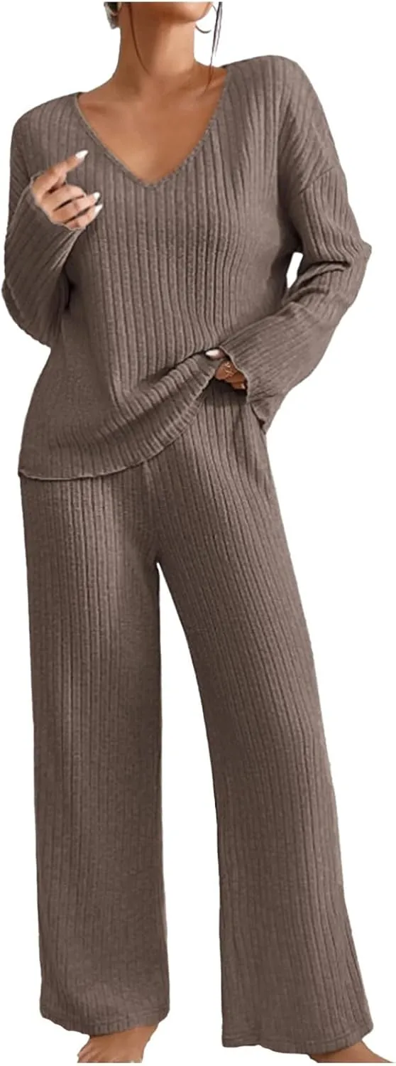 Lastesso Womens Soft Loungewear Set Casual Size V Neck Sweatshirt Comfy Yoga Pajama Sets Wid Leg Pants Cozy 2 Piece Set
