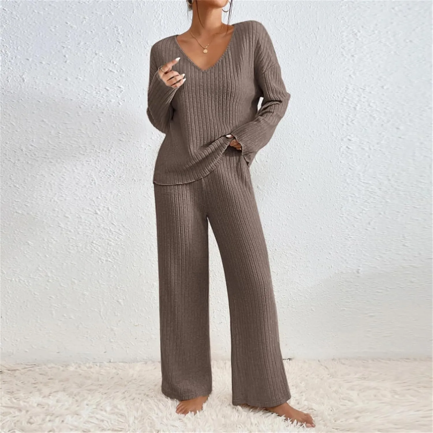 Lastesso Womens Soft Loungewear Set Casual Size V Neck Sweatshirt Comfy Yoga Pajama Sets Wid Leg Pants Cozy 2 Piece Set