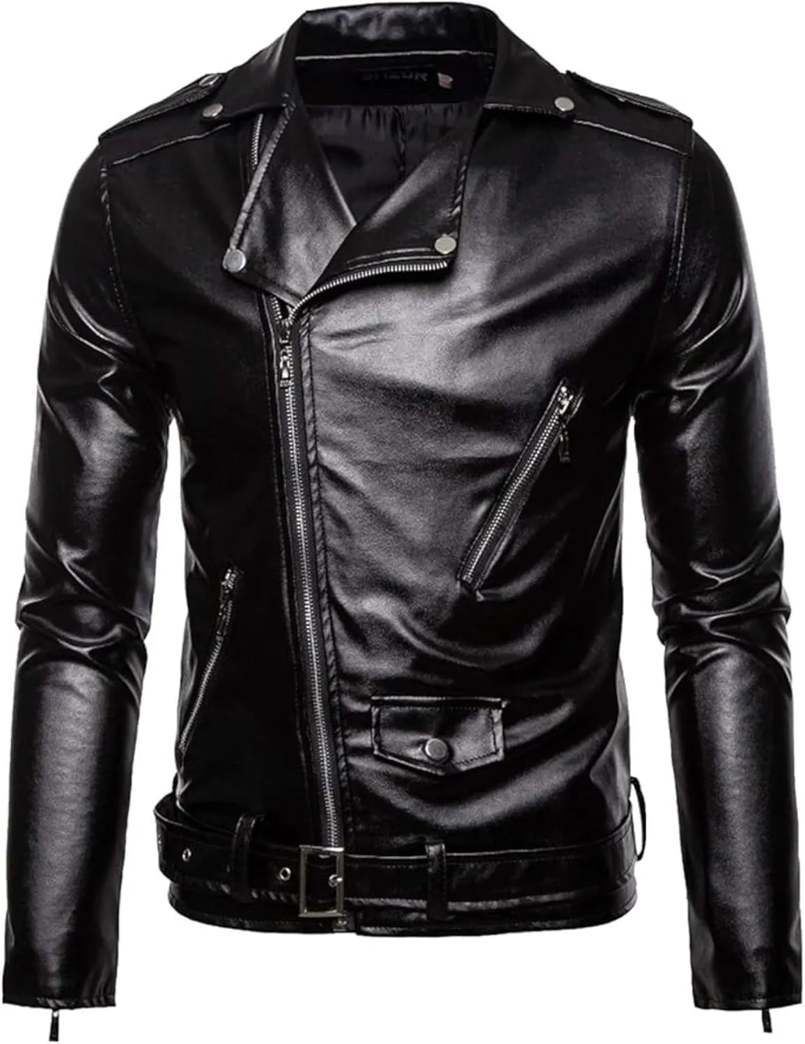 Maiyifu-GJ Men Faux Leather Motorcycle Jacket Asymmetric Zipper Slim Outwear Overcoat Retro Notched Lapel Pu Biker Coat (BlackA1,Large)