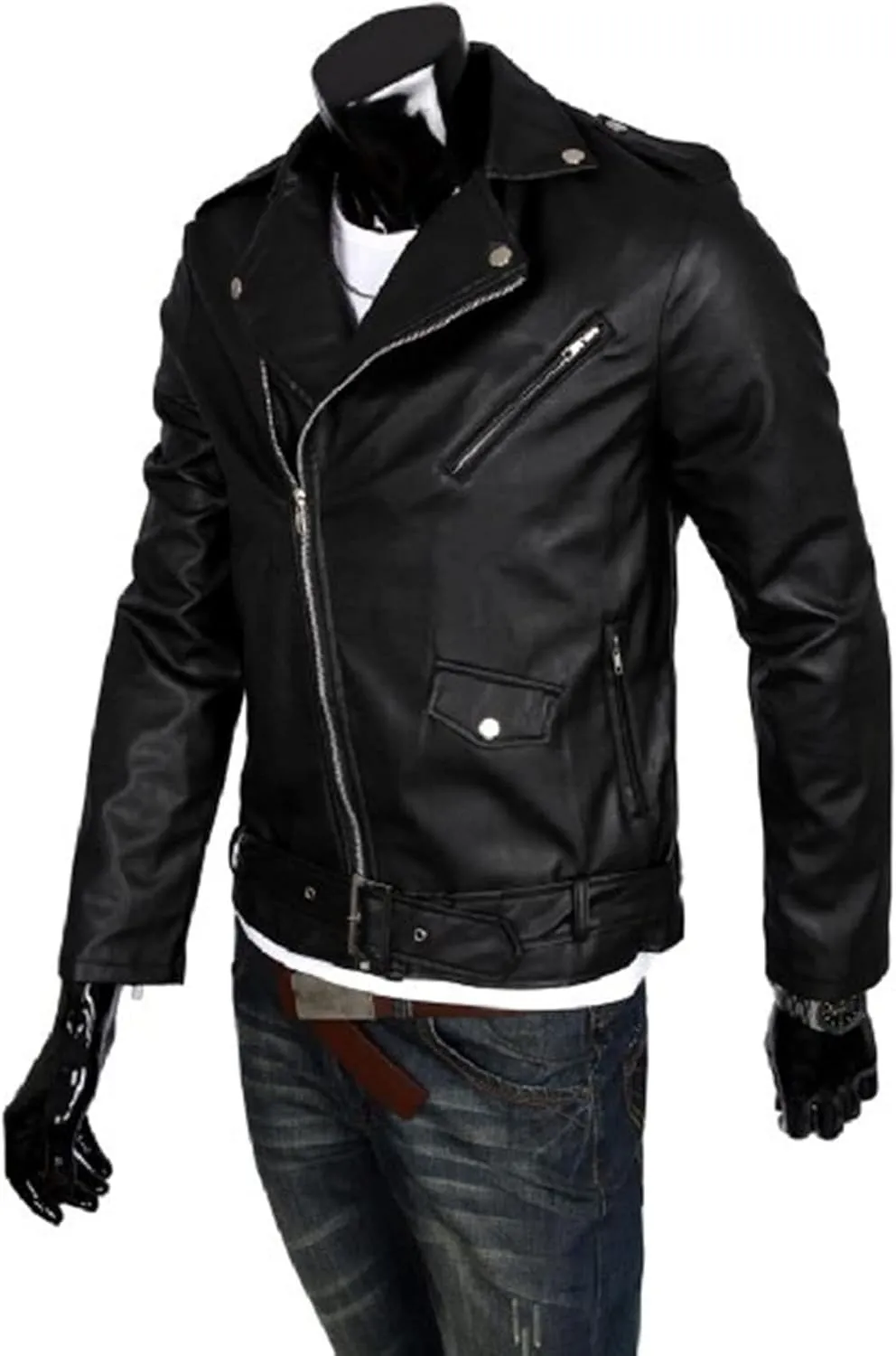 Maiyifu-GJ Men Faux Leather Motorcycle Jacket Asymmetric Zipper Slim Outwear Overcoat Retro Notched Lapel Pu Biker Coat (Black,Large)