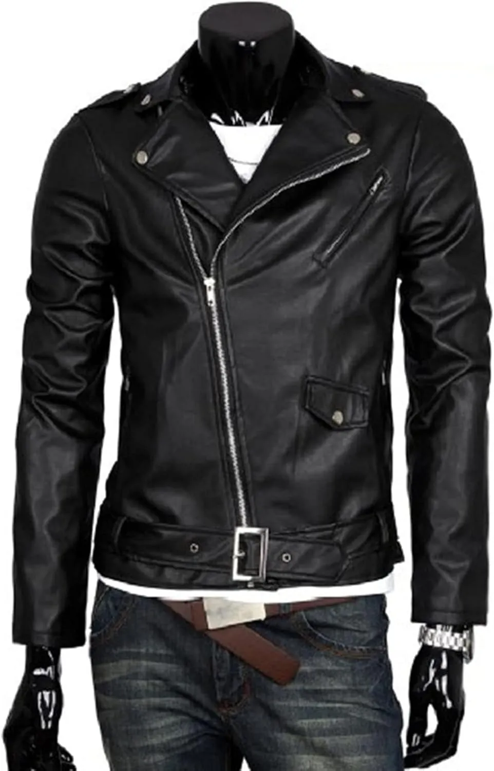 Maiyifu-GJ Men Faux Leather Motorcycle Jacket Asymmetric Zipper Slim Outwear Overcoat Retro Notched Lapel Pu Biker Coat (Black,Large)