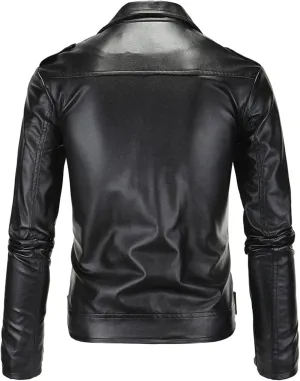 Maiyifu-GJ Men Faux Leather Motorcycle Jacket Asymmetric Zipper Slim Outwear Overcoat Retro Notched Lapel Pu Biker Coat (Black,Large)