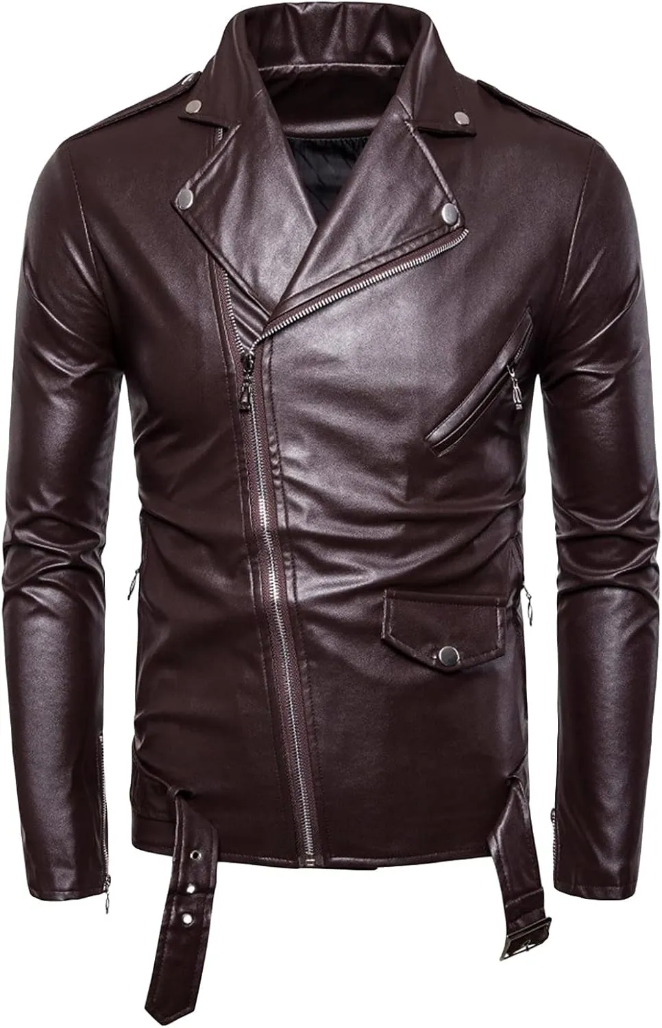Maiyifu-GJ Men Faux Leather Motorcycle Jacket Retro Notched Lapel Pu Biker Coat Asymmetric Zipper Slim Outwear Overcoat (Brown,Large)