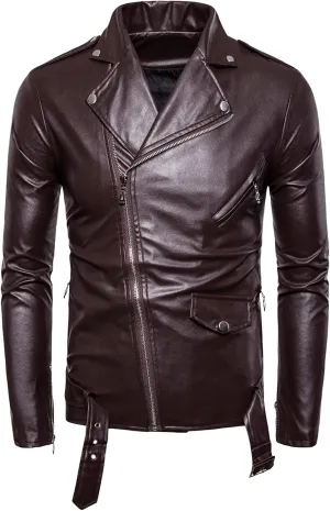 Maiyifu-GJ Men Faux Leather Motorcycle Jacket Retro Notched Lapel Pu Biker Coat Asymmetric Zipper Slim Outwear Overcoat (Brown,Large)