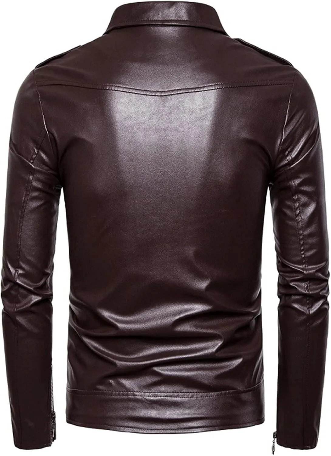 Maiyifu-GJ Men Faux Leather Motorcycle Jacket Retro Notched Lapel Pu Biker Coat Asymmetric Zipper Slim Outwear Overcoat (Brown,Large)