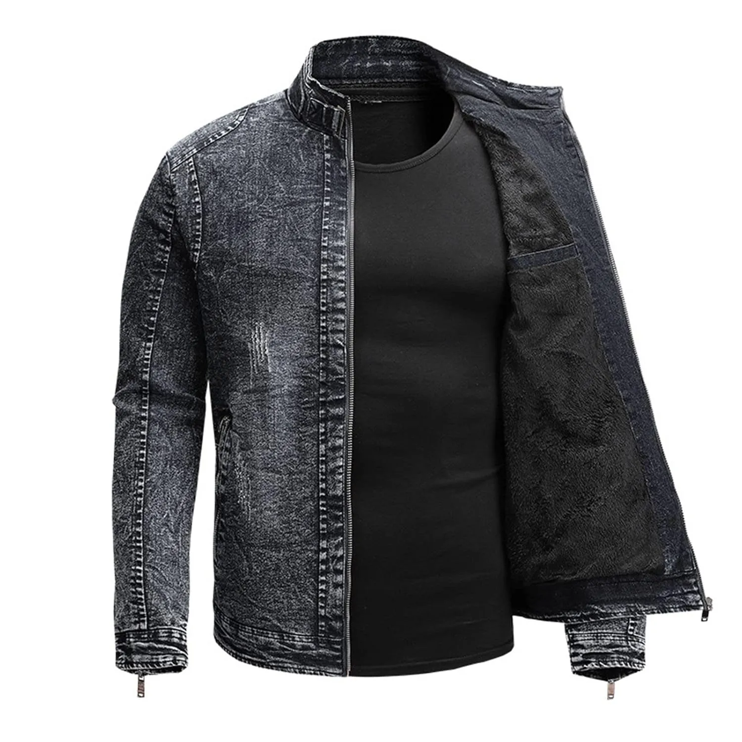Maiyifu-GJ Men's Fleece Lined Denim Jacket Winter Stand Collar Distressed Jean Jacket Slim Fit Zipper Warm Moto Trucker Coat (Black,XX-Large)