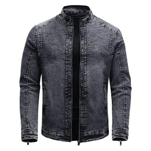 Maiyifu-GJ Men's Fleece Lined Denim Jacket Winter Stand Collar Distressed Jean Jacket Slim Fit Zipper Warm Moto Trucker Coat (Black,XX-Large)