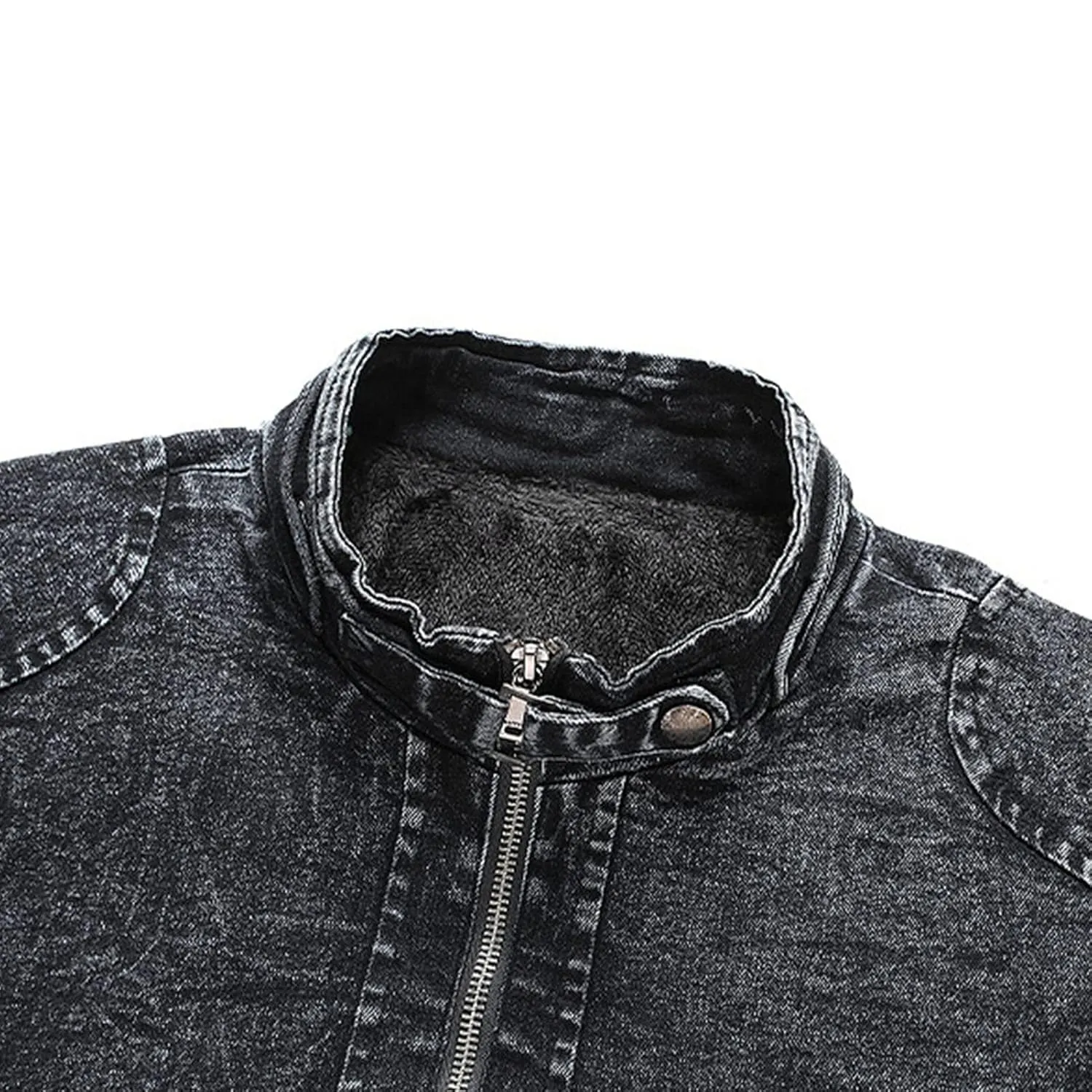 Maiyifu-GJ Men's Fleece Lined Denim Jacket Winter Stand Collar Distressed Jean Jacket Slim Fit Zipper Warm Moto Trucker Coat (Black,XX-Large)