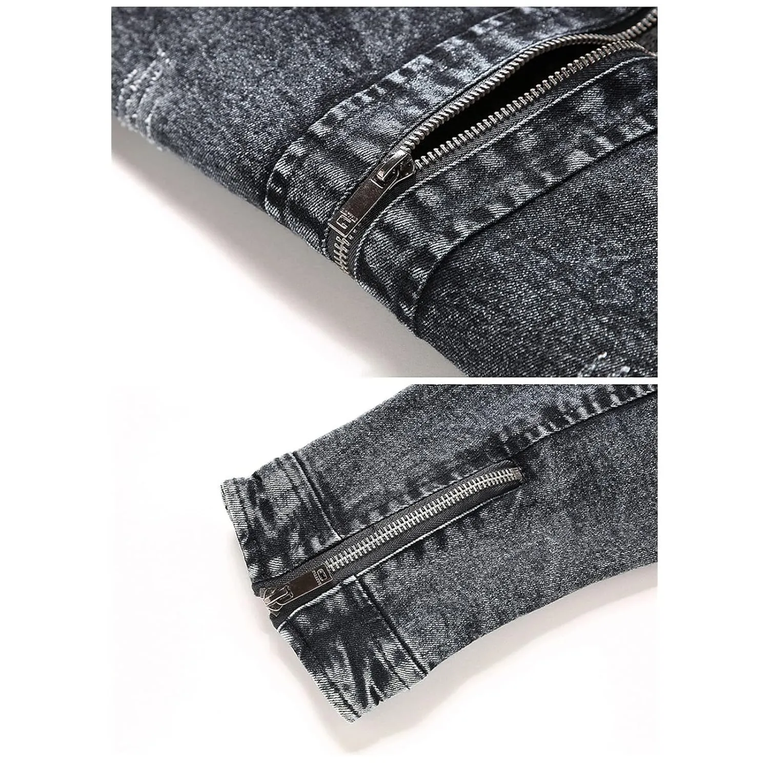 Maiyifu-GJ Men's Fleece Lined Denim Jacket Winter Stand Collar Distressed Jean Jacket Slim Fit Zipper Warm Moto Trucker Coat (Black,XX-Large)
