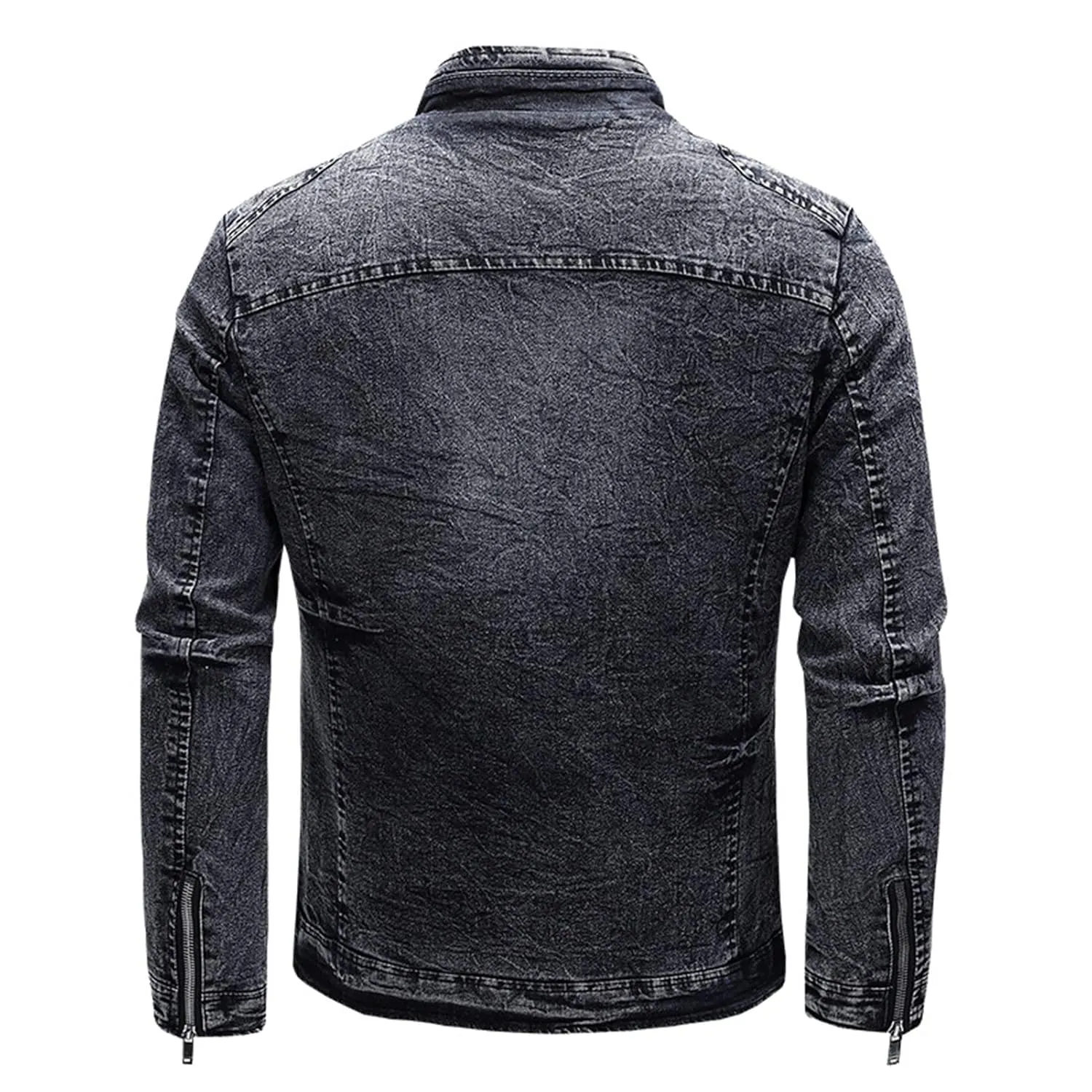 Maiyifu-GJ Men's Fleece Lined Denim Jacket Winter Stand Collar Distressed Jean Jacket Slim Fit Zipper Warm Moto Trucker Coat (Black,XX-Large)