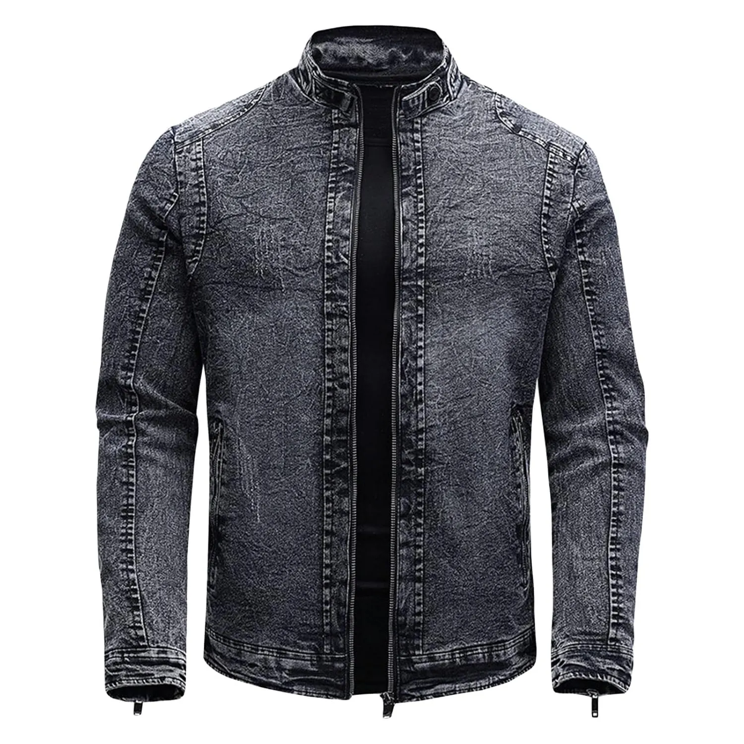 Maiyifu-GJ Men's Fleece Lined Denim Jacket Winter Stand Collar Distressed Jean Jacket Slim Fit Zipper Warm Moto Trucker Coat (Black,XX-Large)