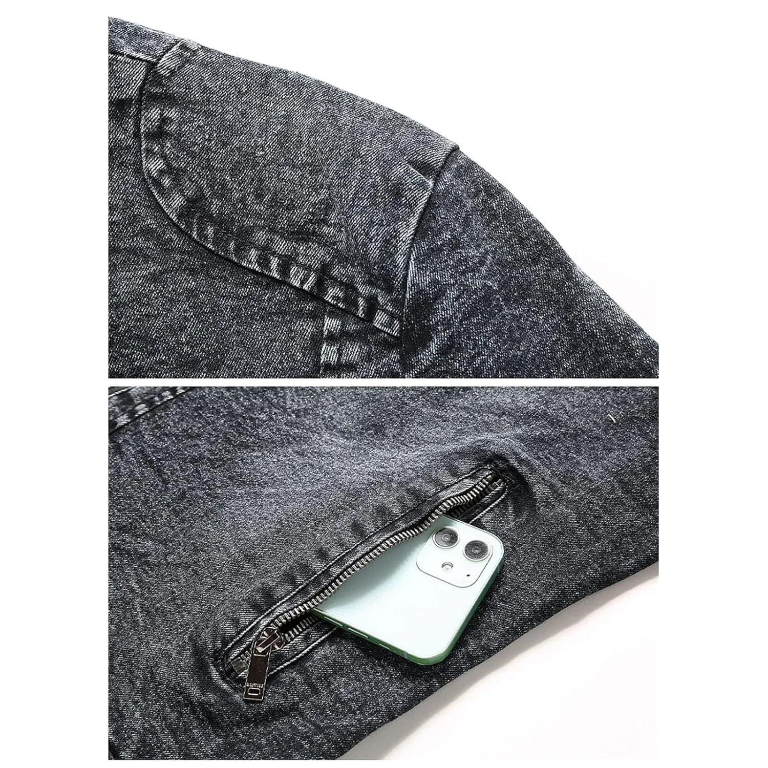 Maiyifu-GJ Men's Fleece Lined Denim Jacket Winter Stand Collar Distressed Jean Jacket Slim Fit Zipper Warm Moto Trucker Coat (Black,XX-Large)