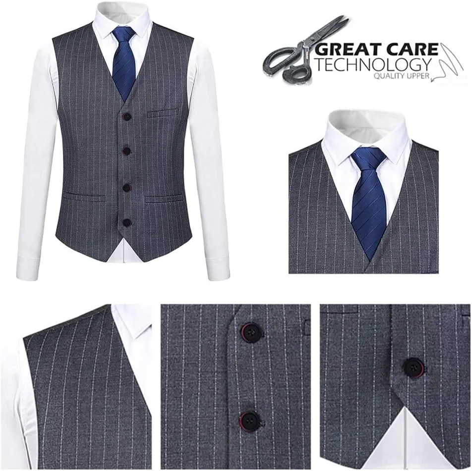 Mens 3 Piece Suit Formal Pinstripe Slim Fit Notched Lapel Dress Blazer Vest Trousers Set