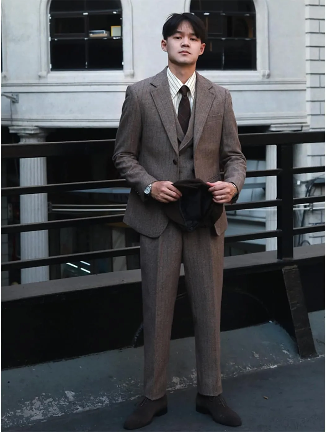 Mens Formal Tweed Wool 3 Piece Wedding Slim Fit Suit Prom Tuxedos Groomsmen