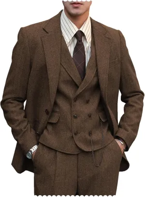 Mens Formal Tweed Wool 3 Piece Wedding Slim Fit Suit Prom Tuxedos Groomsmen