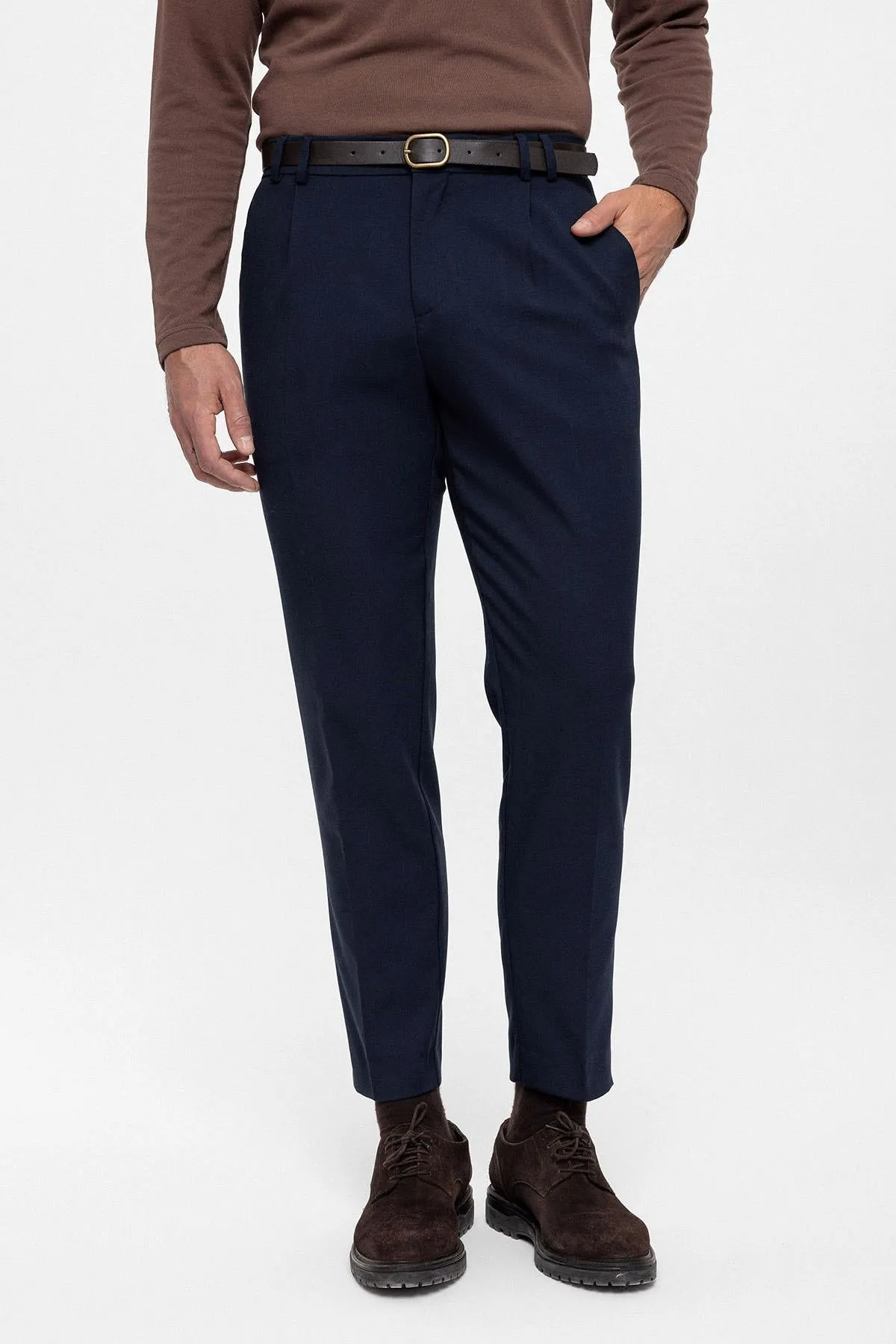 Men's Navy Blue Belted High Waist  Trousers - Wessi