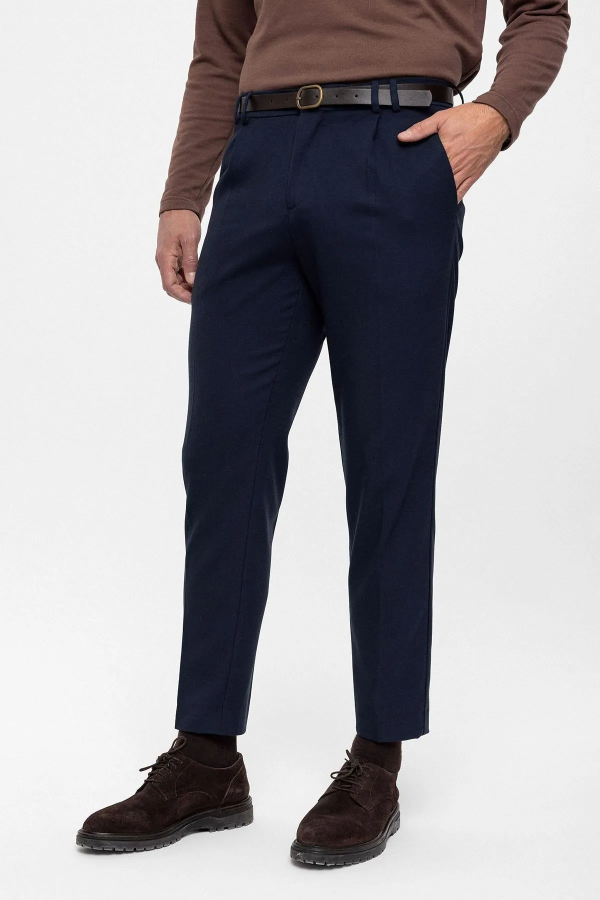 Men's Navy Blue Belted High Waist  Trousers - Wessi