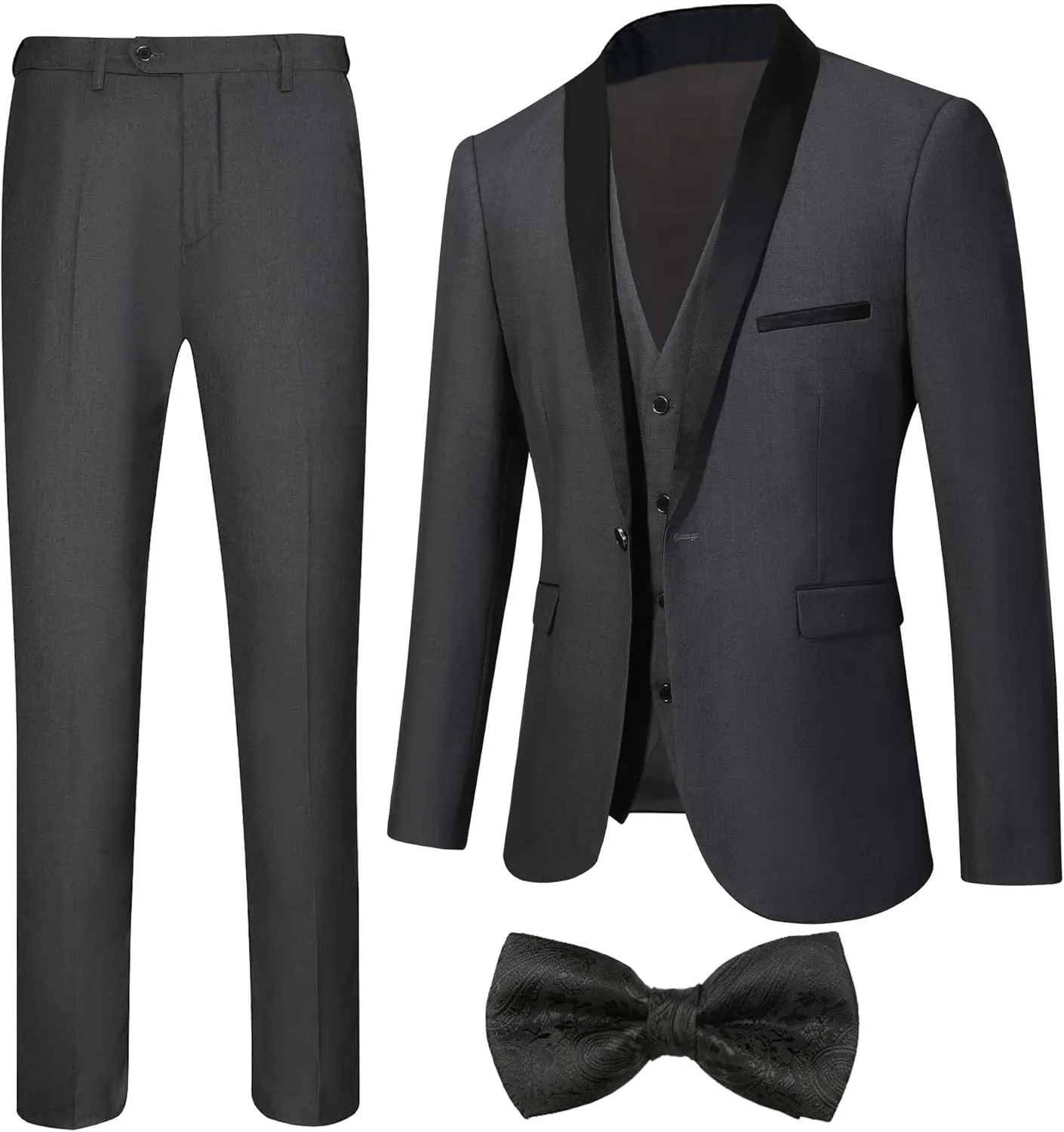 Men's Slim Fit Suit Shawl Lapel with Black Printing Bow Tie 4 Pieces Wedding Prom Dinner Tuxedo Blazer Vest Pants Set
