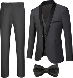 Men's Slim Fit Suit Shawl Lapel with Black Printing Bow Tie 4 Pieces Wedding Prom Dinner Tuxedo Blazer Vest Pants Set