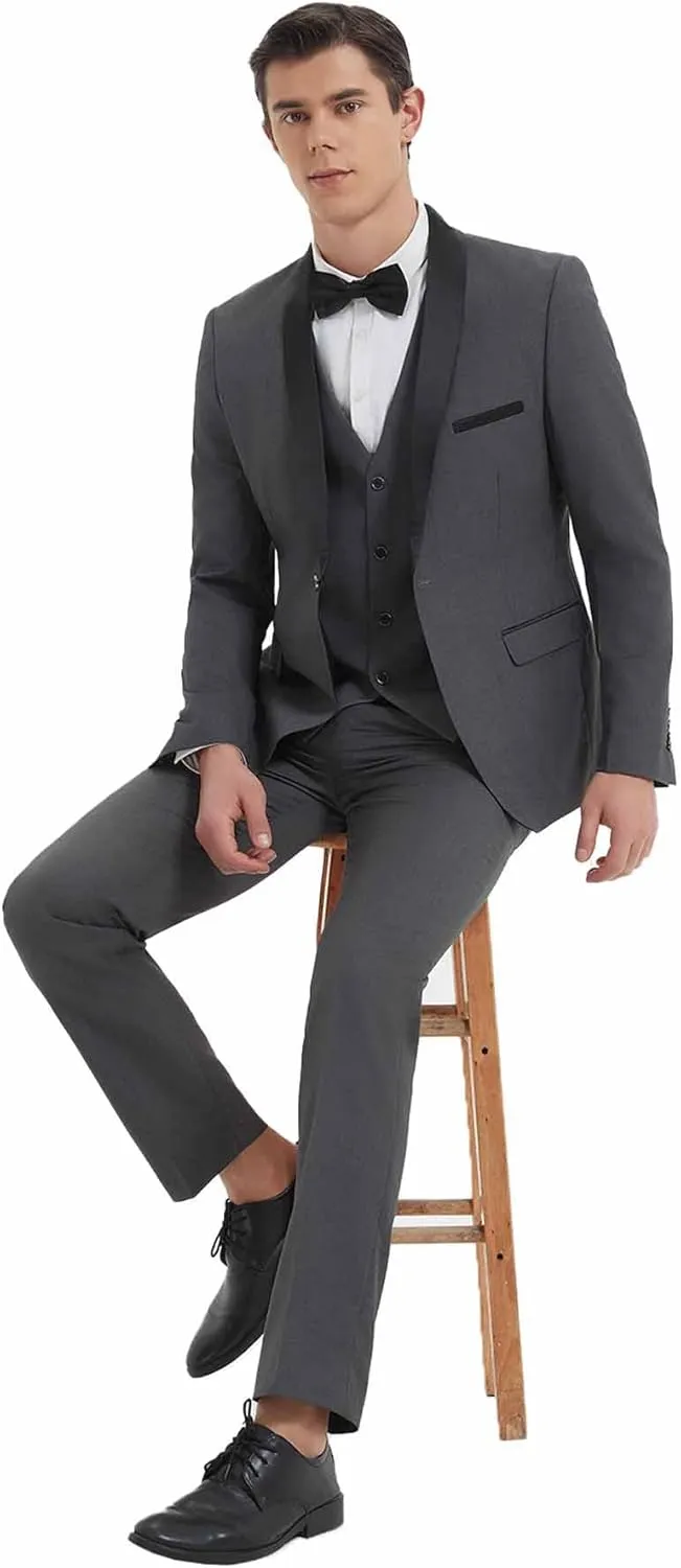 Men's Slim Fit Suit Shawl Lapel with Black Printing Bow Tie 4 Pieces Wedding Prom Dinner Tuxedo Blazer Vest Pants Set