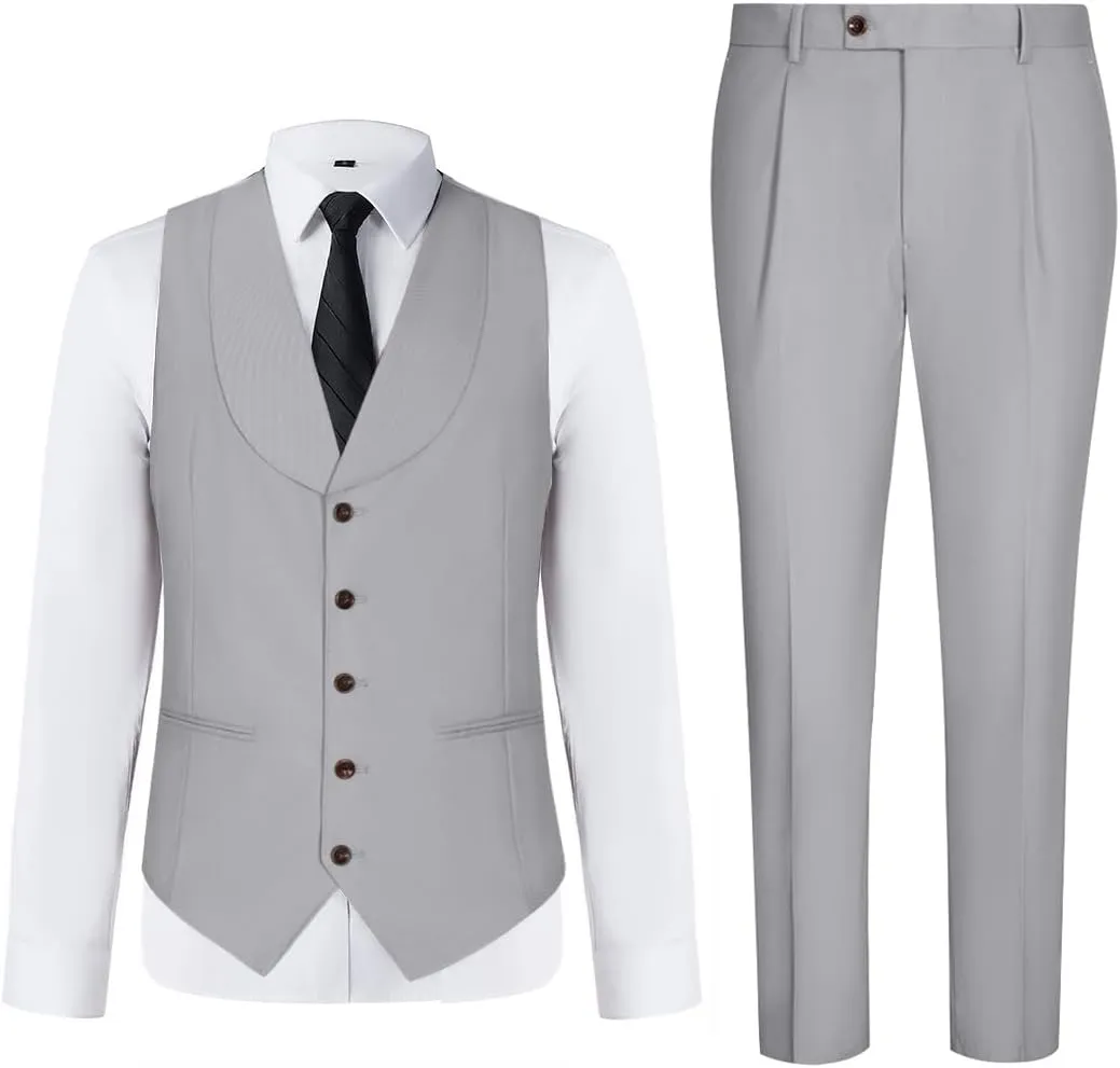 Mens Vest Pants Suits Set 2 Pieces Slim Fit Groomsmen Suit for Men Formal