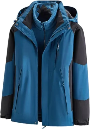 Men's Waterproof 3-in-1 Hooded Rain Jacket, Ski Jacket, Warm Fleece Lined Winter Snow Jacket, Windproof, Thick Section