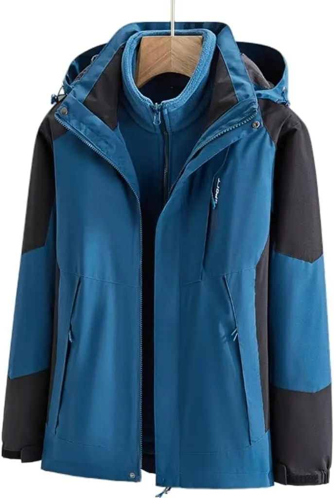 Men's Waterproof 3-in-1 Hooded Rain Jacket, Ski Jacket, Warm Fleece Lined Winter Snow Jacket, Windproof, Thick Section