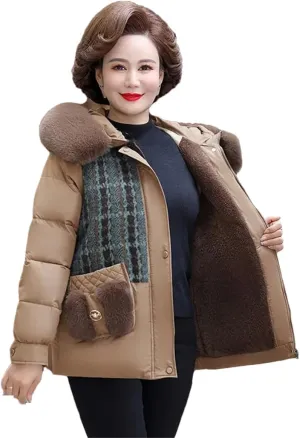 Middle-Aged Women Fleece Cotton-Padded Temperament Mother Winter Splicing Hooded Thick Coat