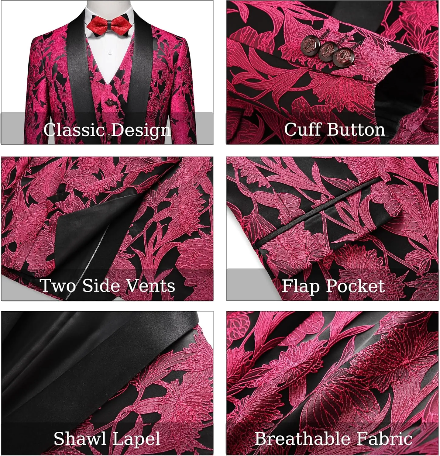 MOGU Mens 3 Piece Floral Suit Jacquard Dress Tuxedo Suit Set for Wedding Prom Jacket Vest Pants with Bow Tie
