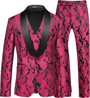 MOGU Mens 3 Piece Floral Suit Jacquard Dress Tuxedo Suit Set for Wedding Prom Jacket Vest Pants with Bow Tie