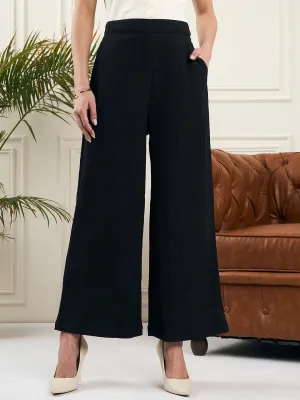 Noi Women Black Solid Textured Relax Fit Mid-Waist Trouser