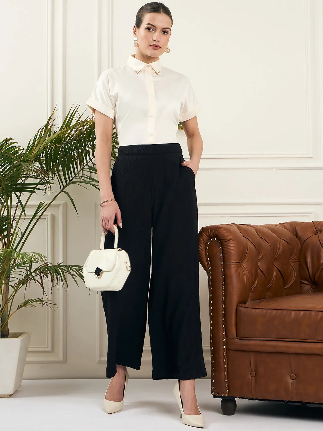 Noi Women Black Solid Textured Relax Fit Mid-Waist Trouser