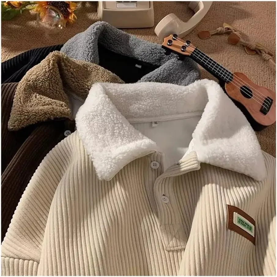 Oversized plus velvet padded corduroy button-down sweatshirt pullover warm contrasting polo hoodie
