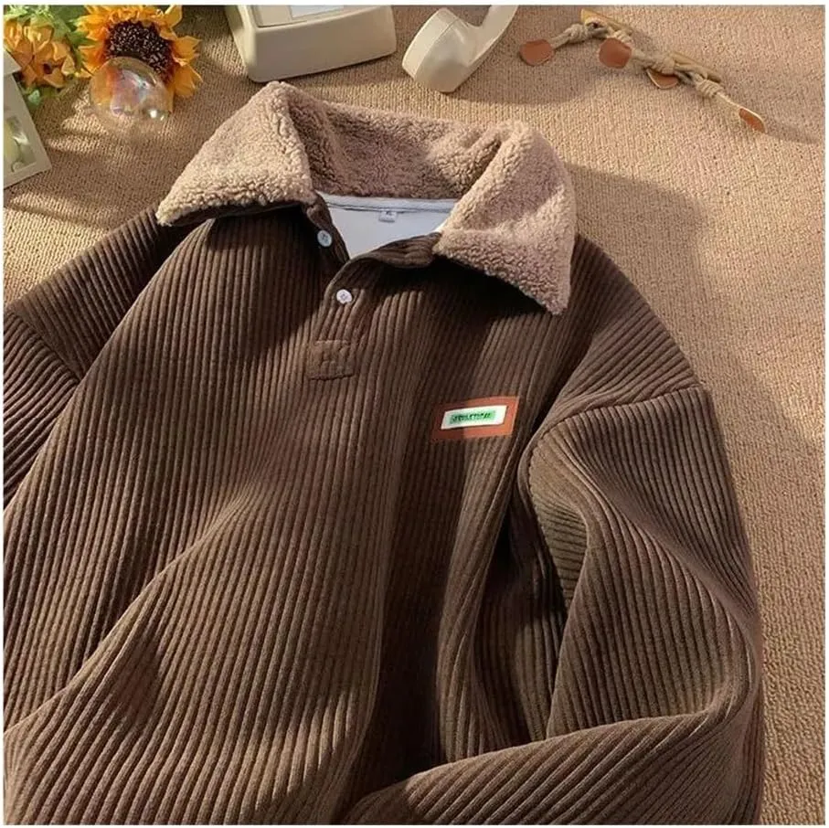 Oversized plus velvet padded corduroy button-down sweatshirt pullover warm contrasting polo hoodie