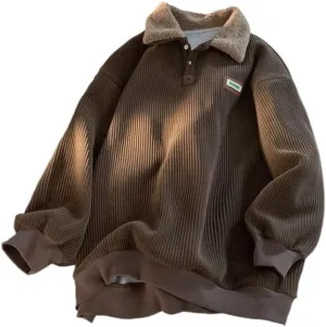 Oversized plus velvet padded corduroy button-down sweatshirt pullover warm contrasting polo hoodie
