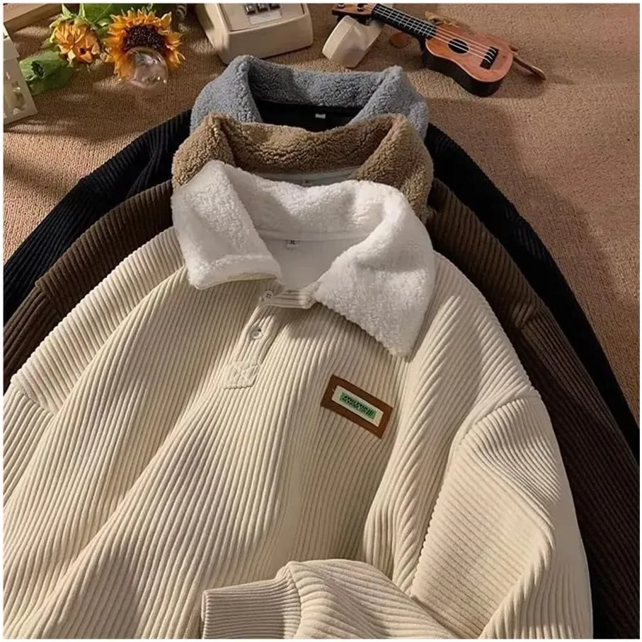 Oversized plus velvet padded corduroy button-down sweatshirt pullover warm contrasting polo hoodie