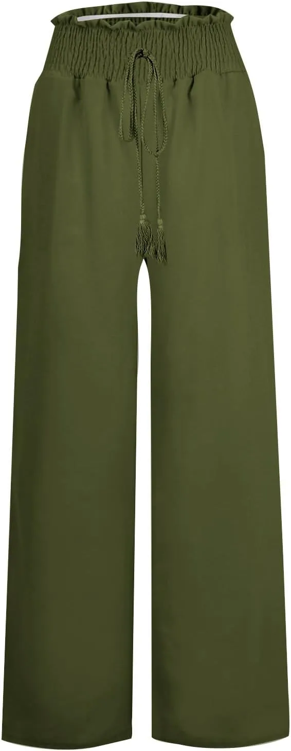 Palazzo Linen Pants for Women Summer Casual Boho Loose High Waist Wide Leg Pants Drawstring Trousers with Pockets