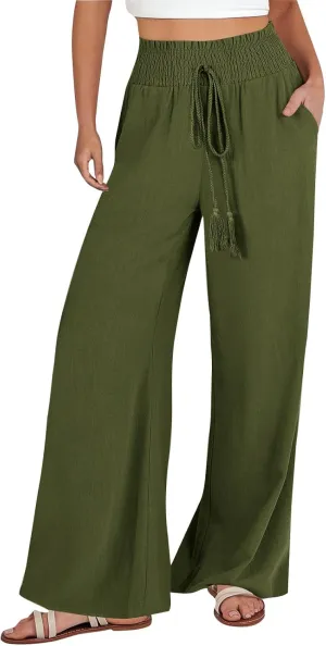 Palazzo Linen Pants for Women Summer Casual Boho Loose High Waist Wide Leg Pants Drawstring Trousers with Pockets