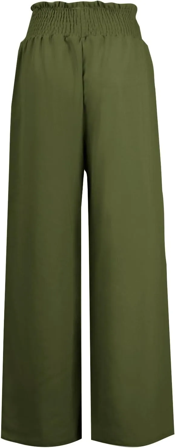Palazzo Linen Pants for Women Summer Casual Boho Loose High Waist Wide Leg Pants Drawstring Trousers with Pockets