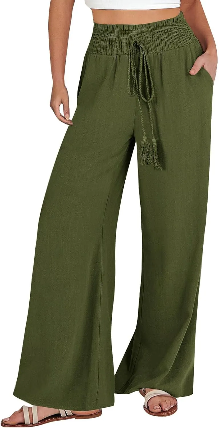 Palazzo Linen Pants for Women Summer Casual Boho Loose High Waist Wide Leg Pants Drawstring Trousers with Pockets