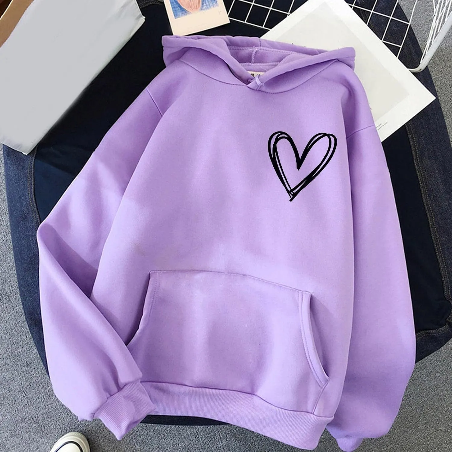 Pink Tops Hoodies for Women Heart Print Cute Preppy Sweatshirt Teen Girls Long Sleeve Pullover Hooded Tops
