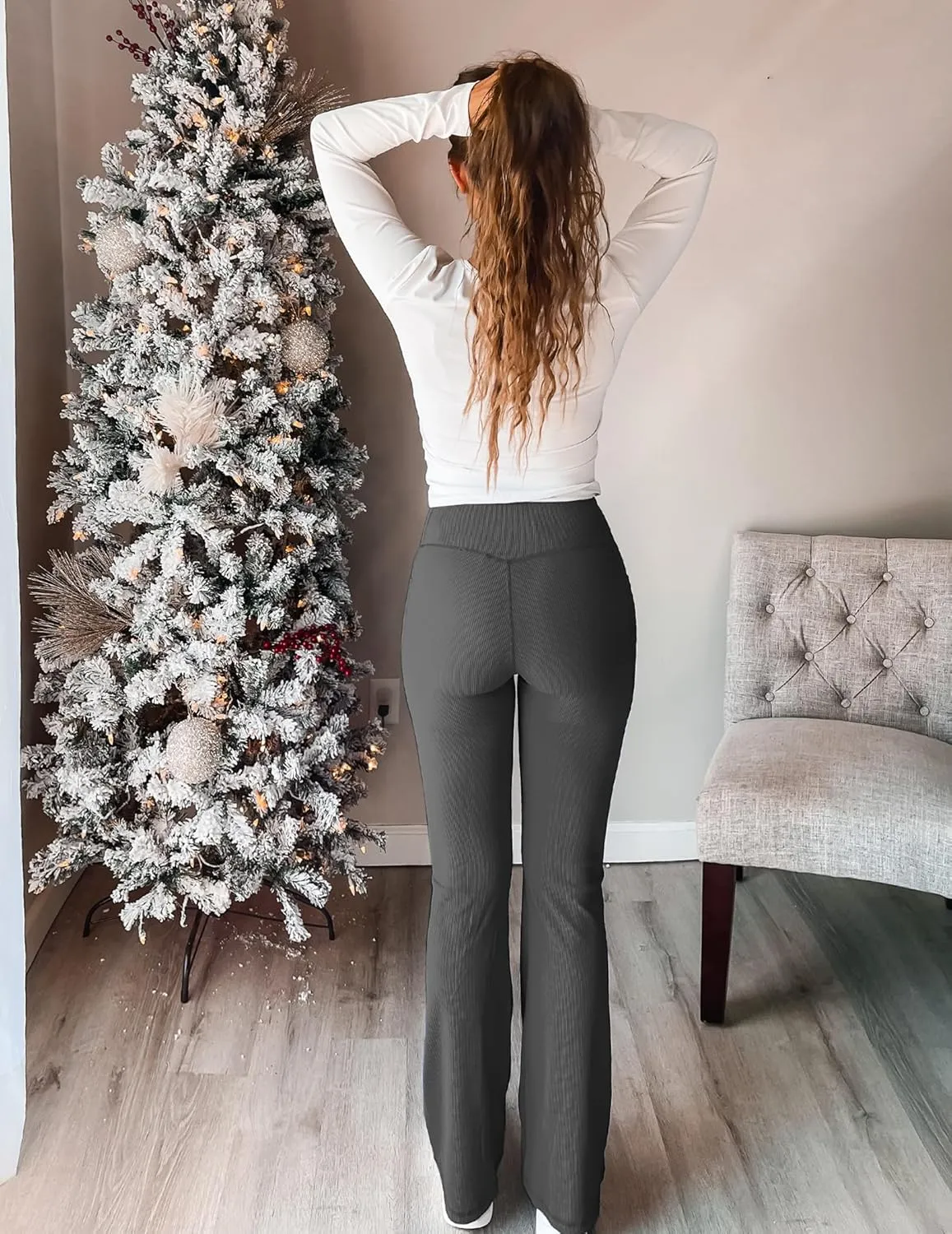 PINSPARK Womens Flare Yoga Pants Ribbed Bootcut Leggings High Waisted Flares Bottom Workouts Pants with Pockets