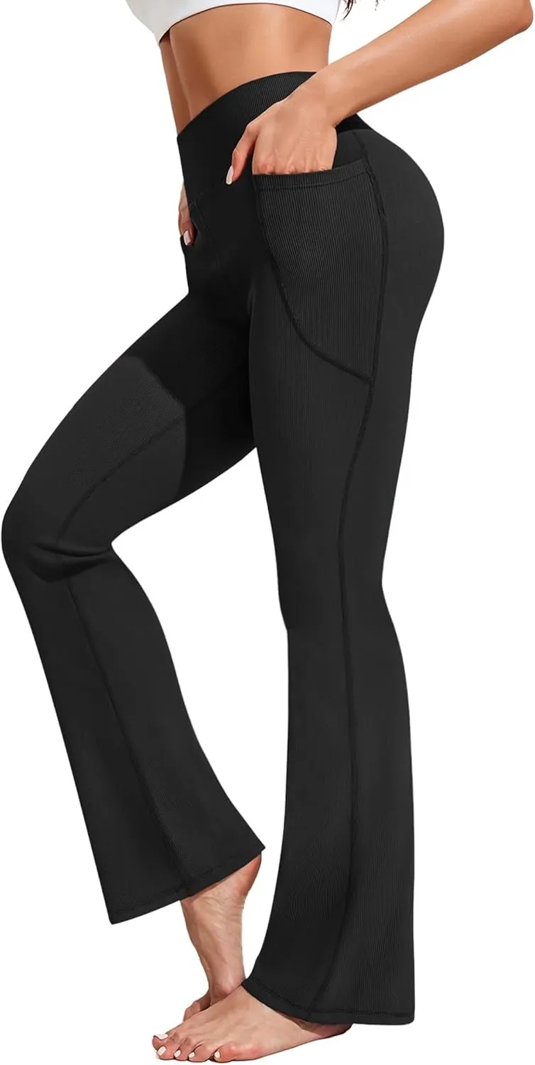PINSPARK Womens Flare Yoga Pants Ribbed Bootcut Leggings High Waisted Flares Bottom Workouts Pants with Pockets
