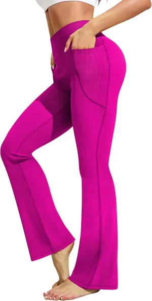 PINSPARK Womens Flare Yoga Pants Ribbed Bootcut Leggings High Waisted Flares Bottom Workouts Pants with Pockets