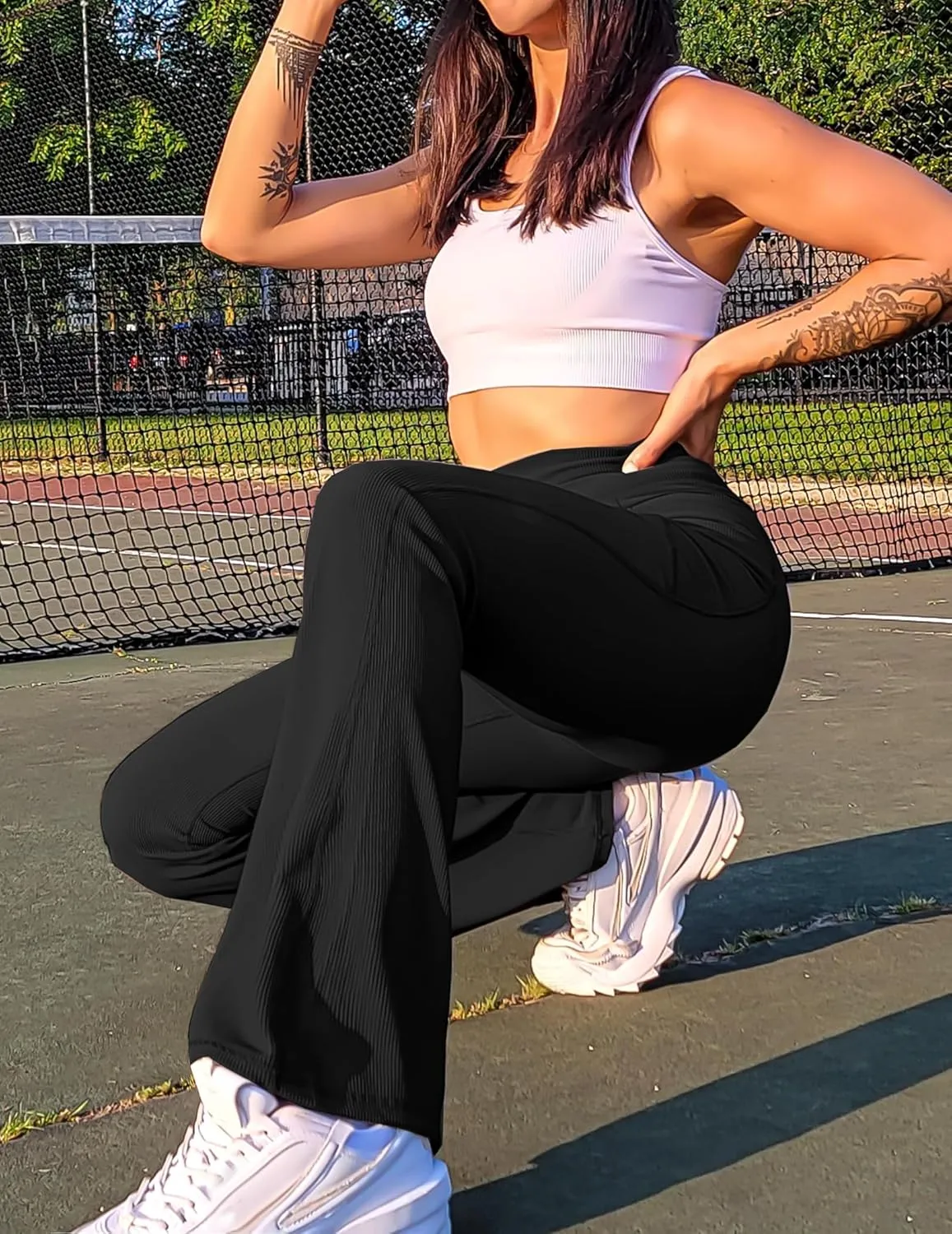 PINSPARK Womens Flare Yoga Pants Ribbed Bootcut Leggings High Waisted Flares Bottom Workouts Pants with Pockets