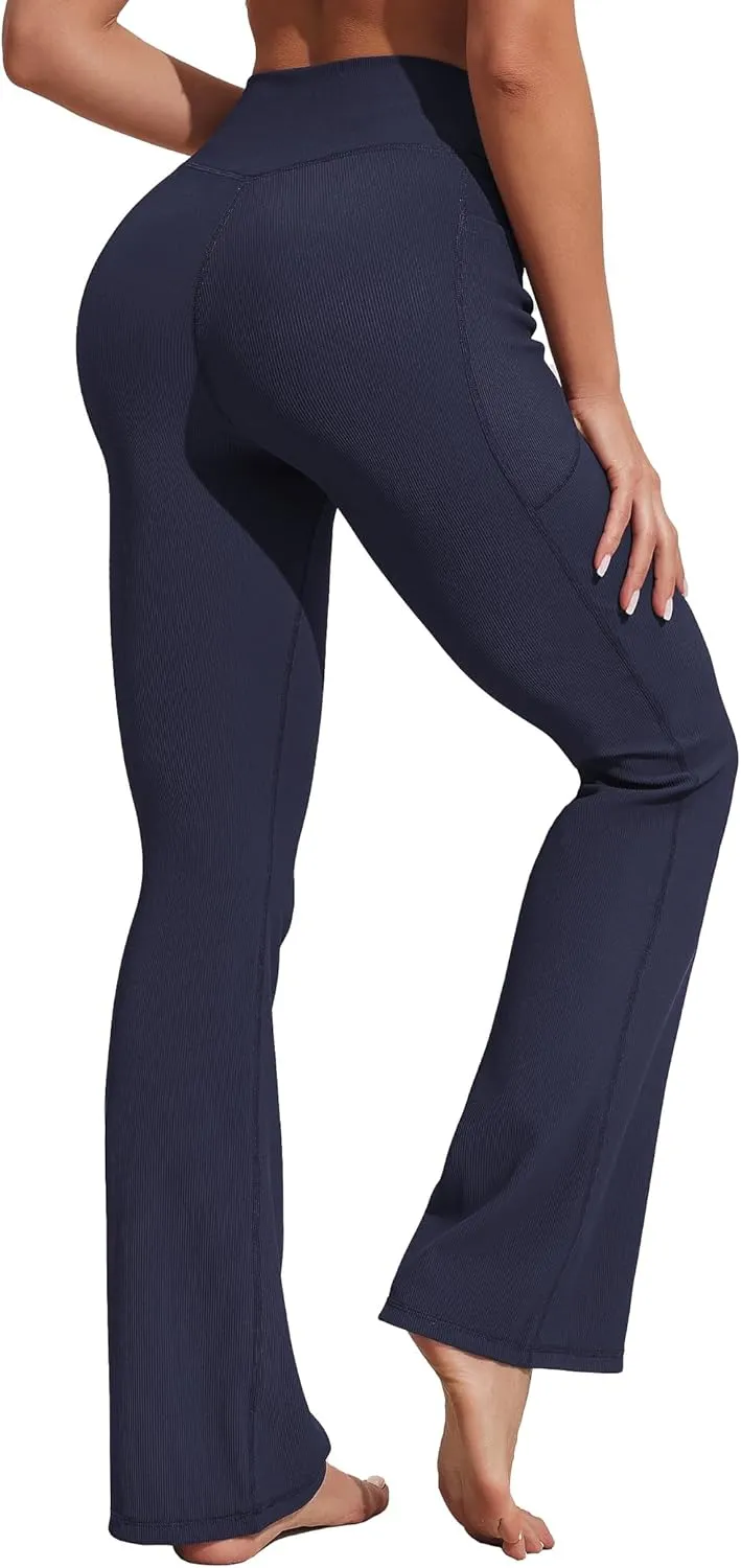 PINSPARK Womens Flare Yoga Pants Ribbed Bootcut Leggings High Waisted Flares Bottom Workouts Pants with Pockets