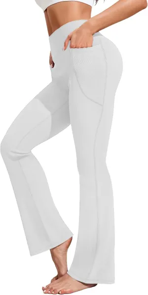 PINSPARK Womens Flare Yoga Pants Ribbed Bootcut Leggings High Waisted Flares Bottom Workouts Pants with Pockets