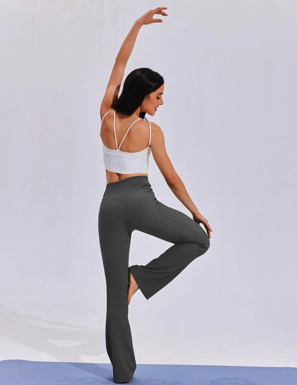 PINSPARK Womens Flare Yoga Pants Ribbed Bootcut Leggings High Waisted Flares Bottom Workouts Pants with Pockets