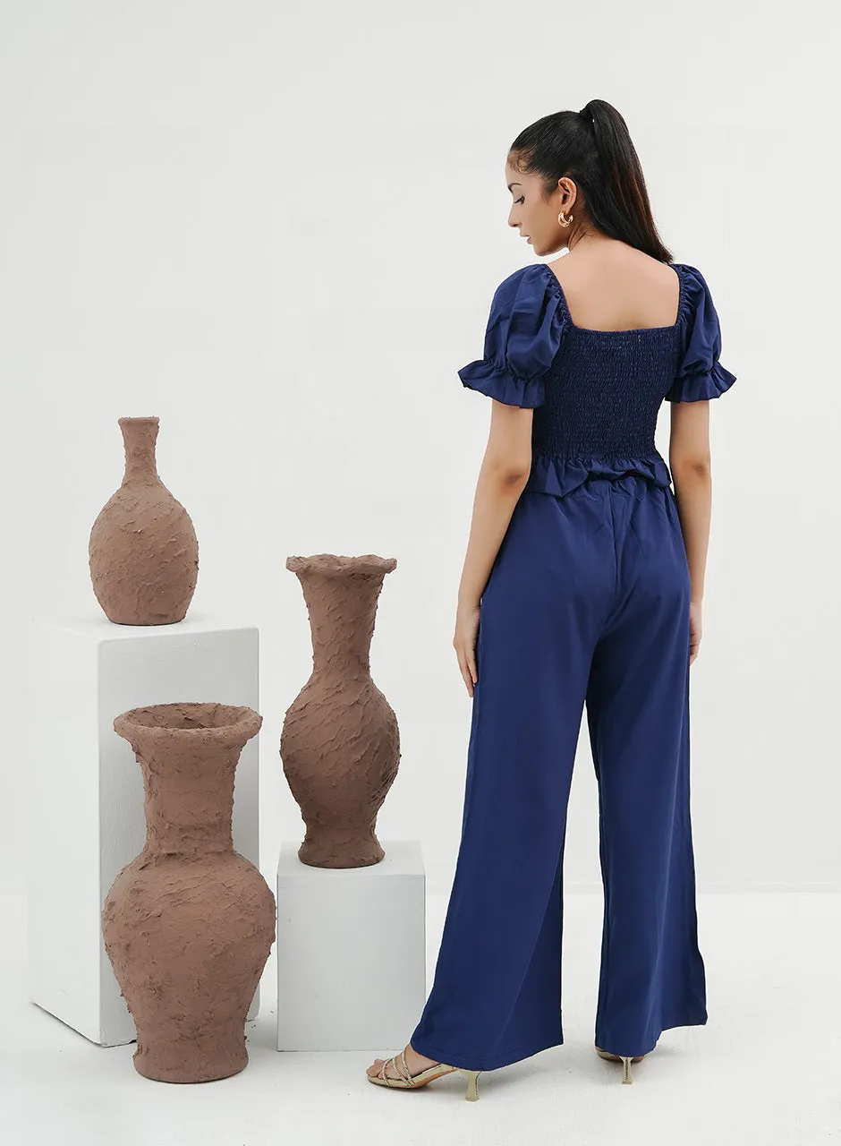 Pleated Crop Top & Pants Set - Blue